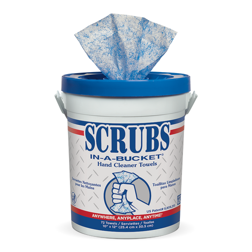 ITW Professional Brands SCRUBS Hand Cleaner Towels, Cloth, 10-1/2 x 12-1/4, Blue/White, 72/Bucket (10-1/2