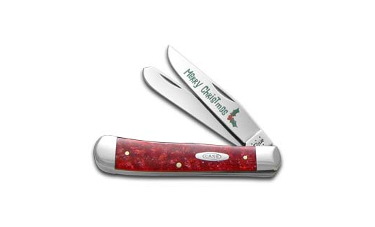 Case xx Merry Christmas Red Sparkle Kirinite Trapper Stainless Pocket Knife