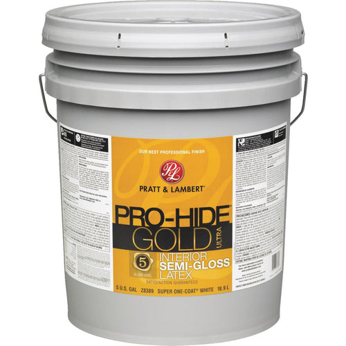 Pratt & Lambert Pro-Hide Gold Ultra Latex Semi-Gloss Interior Wall Paint, Super One-Coat White, 5 Gal.