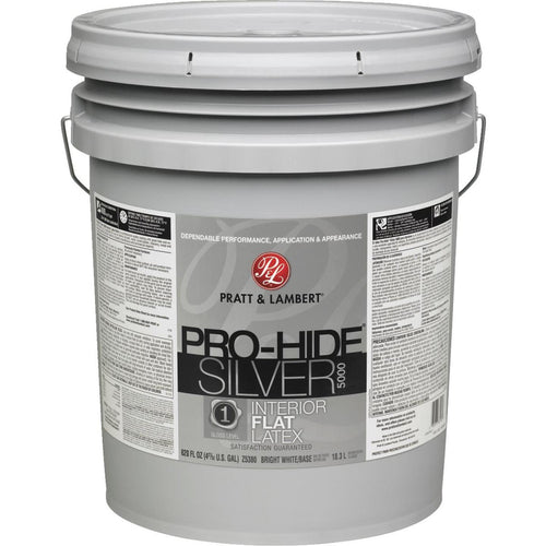 Pratt & Lambert Pro-Hide Silver 5000 Latex Flat Interior Wall Paint, Bright White Base, 5 Gal.
