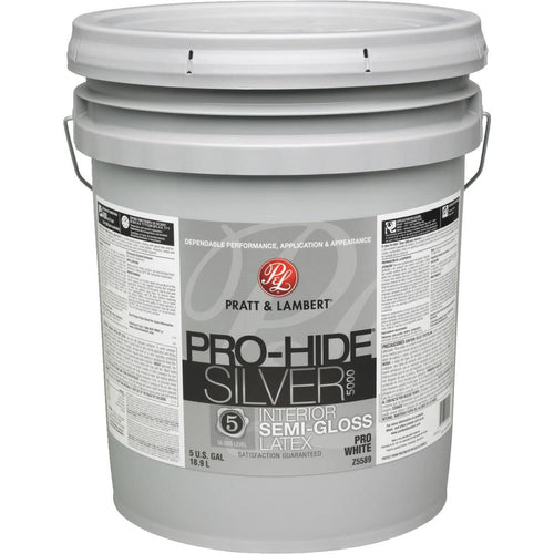 Pratt & Lambert Pro-Hide Silver 5000 Latex Semi-Gloss Interior Wall Paint, Pro White, 5 Gal.