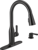 Delta Marca Single Handle Pull-Down Kitchen Faucet with Soap Dispenser and ShieldSpray® Technology in Matte Black